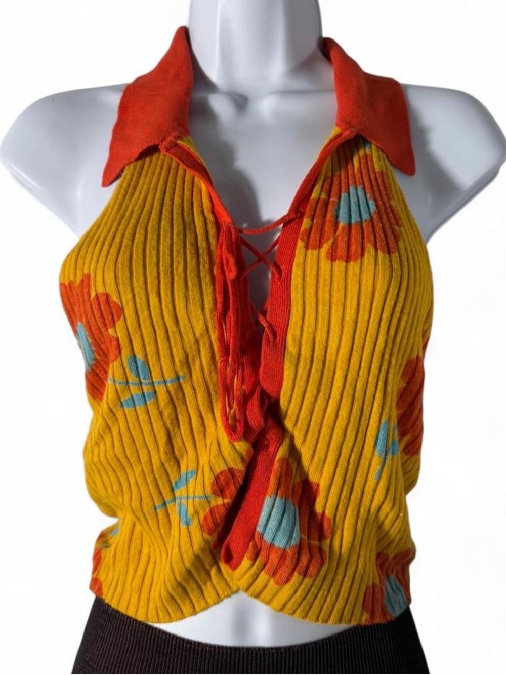 Urban Outfitters Yellow Ribbed Halter Top with Red Collar and Floral Print